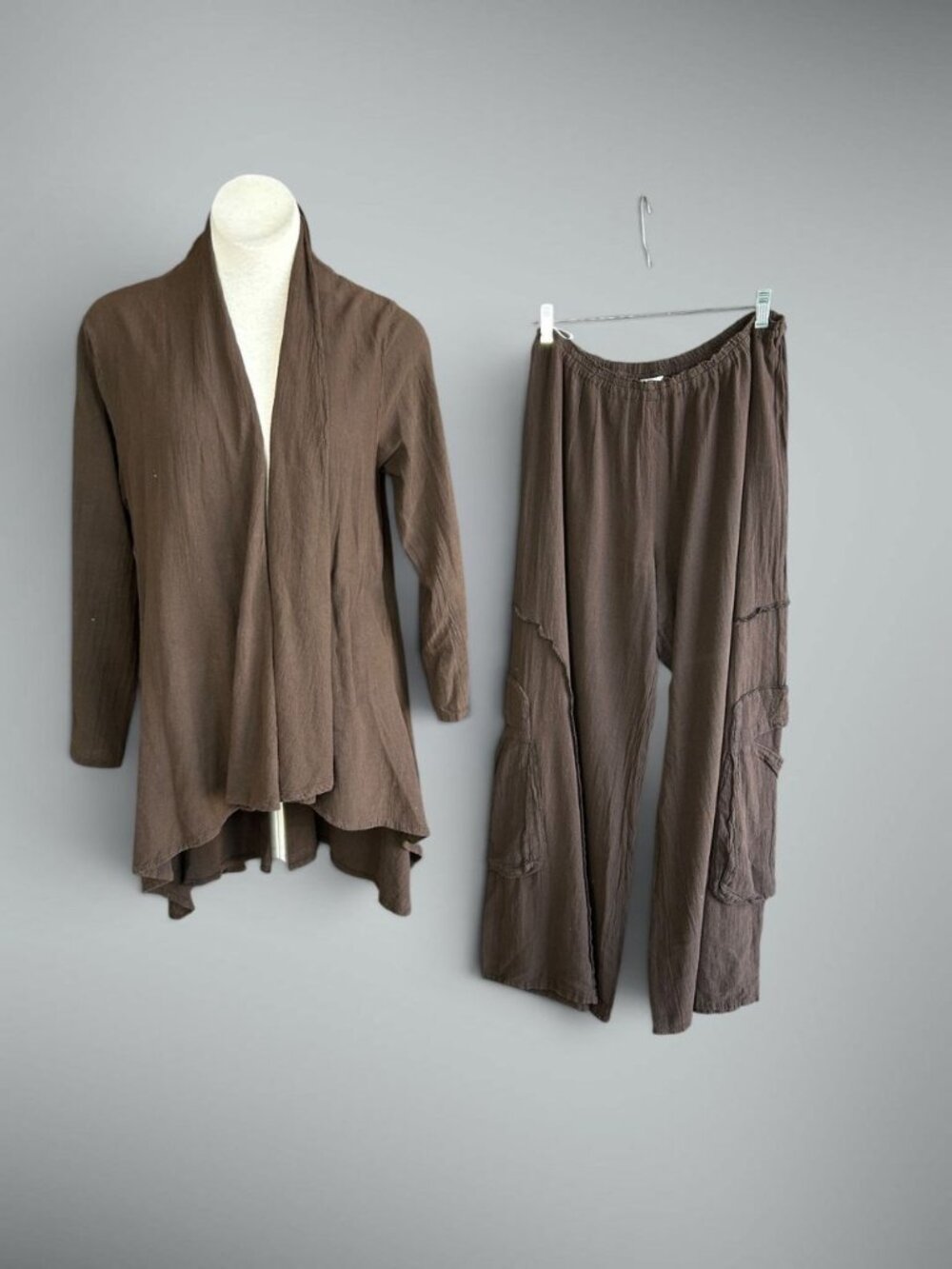 Abaca Brown Lagenlook 100% Cotton Outfit Open Drape Wide Leg Pants